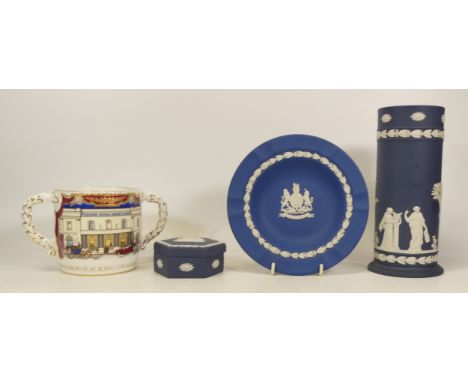 Four items of Wedgwood Ceramics including Dark Blue SPill Vase and Trinket Pot with Kings Blue dish and Silver Jubilee loving