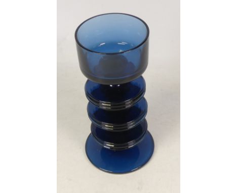 Ronald Stennett Willson for Wedgwood 'Sheringham' Blue Glass Candlestick with three disc shaped knops to stem, 15.5cm high.