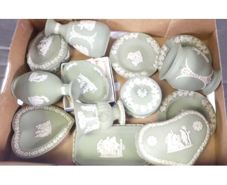 Wedgwood, A Small Collection of Sage Green Jasperware including Vases, Trinket Pots, Dishes etc.