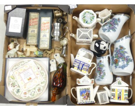 A Mixed Collection of Ceramics to include Wade English Teapots one a/f, Three Transfer Printed Jugs, Wooden Duck, Natwest Pan