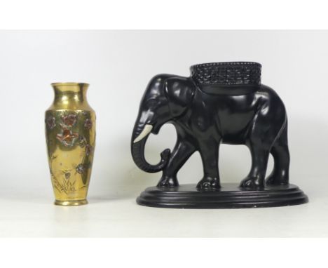 Japanese Meiji Period Brass and Applied Copper Vase. some losses noted. Height: 15cm together with Ceramic Elephant Vase. (2)