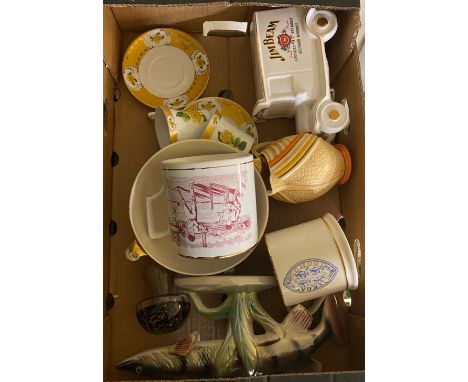 A Mixed Collection of Ceramic Items to include Jema model of a Pike, Wade Tankards, Wedgwood Glass Mushroom paperweight, Wade