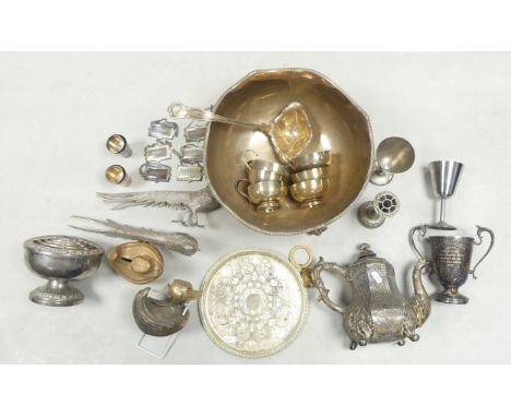 Silver Plated/ Metal Items To Include Decanter Labels, Coffee Pot, Two Peacocks, Two Duck Money Boxes, Large Punch Bowl With 