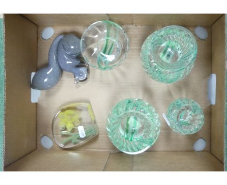 A Collection of Glass and Crystal including Wedgwood Squirrel Paperweight, France Daffodil Paperweight and three Caithness Gr