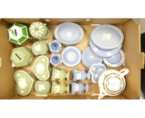 Wedgwood, Blue and Sage Green Jasperware including Vases, Trinket Pots, Moneyboxes etc. (1 Tray)