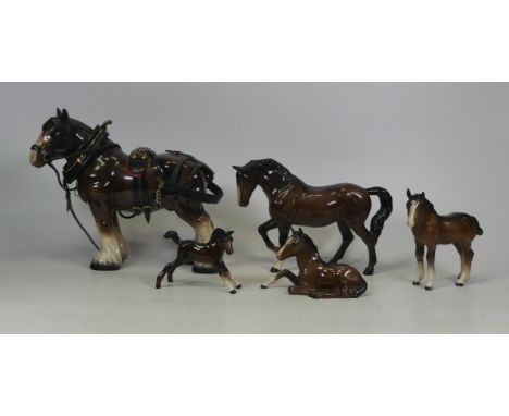 Five Ceramic Horses, including Melba Ware Shire Horse with Reigns together with Four Brown Beswick horses and foals (5)