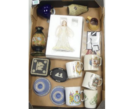 A Mixed Selection Of Ceramics to Include Black Jasper Wedgwood Lidded Trinket Box, Blue Jasper Candle Sticks, A Royal Doulton