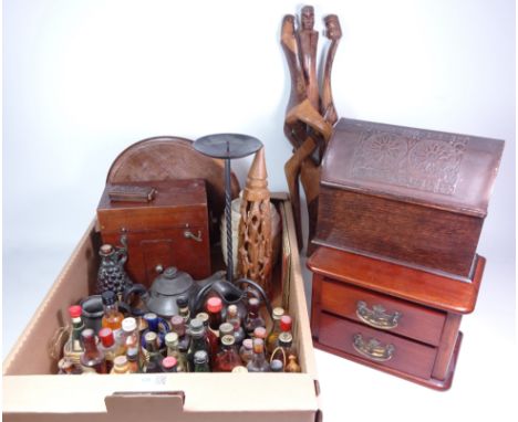 19th/ early 20th century Reynolds & Branson mahogany case, alabaster tobacco jar, collection of miniatures, carved snuff box,