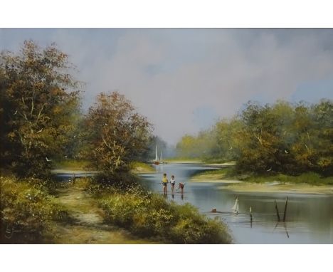 River Scene with Children Playing, oil on canvas signed Les Parson (British 1945-) 49cm x 75cm   Condition Report   Click her