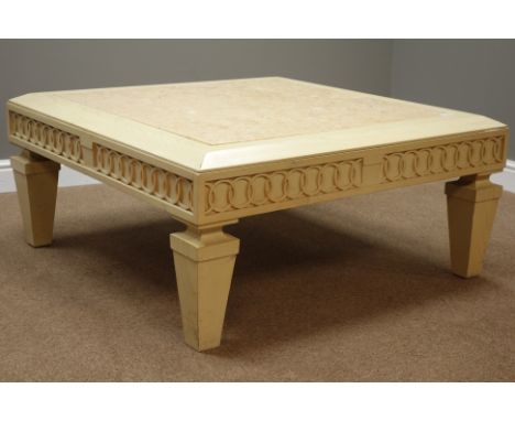 Stanley square limed oak coffee table with inset marble finish top (102cm x 102cm, H46cm), and matching console table with dr