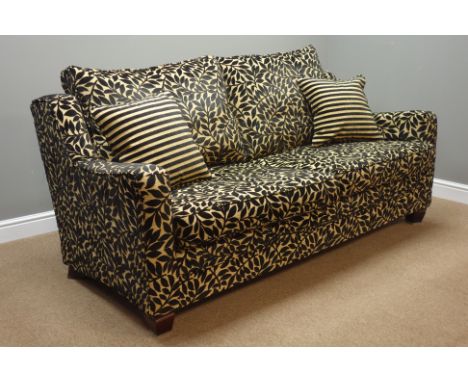 'Multi-York' Grand sofa, upholstered in black and gold fabric, ebonised feet, W184cm, H83cm, D94cm   Condition Report   Click