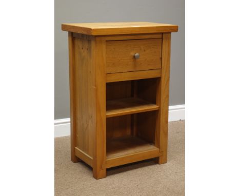 Polished pine bedside/lamp table with single drawer and shelf, W52cm, H78cm, D35cm   Condition Report   Click here for furthe