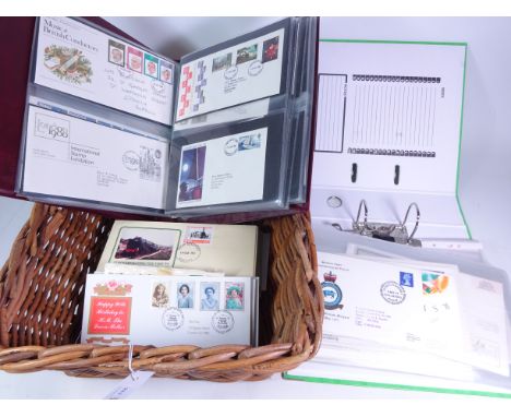 Royal Mail album of 1960's, 70's, 80's and later first day covers and loose, in wicker basket    Condition Report   Click her