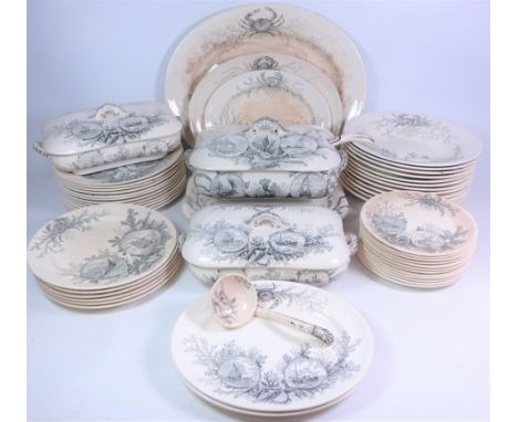 Victorian Aesthetic movement Doulton Burslem 'Oceana' dinner service, each printed with maritime panels and crustacean decora