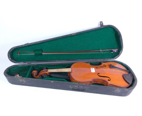 Violin and bow in case  Condition Report Click here for further images, condition, auction times & delivery costs
