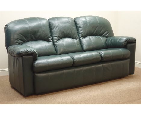 'G-Plan' three seat sofa (W215cm), matching manual reclining armchair (W105cm), and armchair upholstered in green leather Con