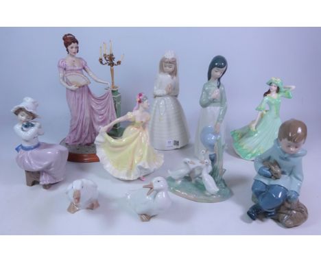 Four Nao figures, geese group & two duck models, Royal Doulton figurine 'Ninette', Coalport and another figurine (10)   Condi