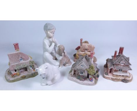 Lladro figure of a seated boy with dog, Lladro Polar Bear and four Lilliput lane cottages (6)   Condition Report   Click here