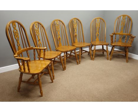 Set six (4+2) hoop stick and wheel back dining chairs. turned supports with double 'H' stretchers   Condition Report   Click 