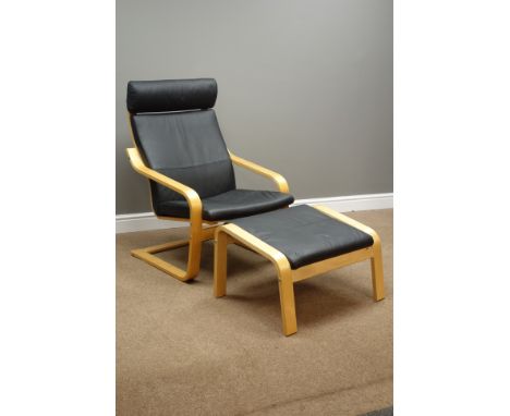 Ikea Poang chair and stool with black leather upholstered loose cushions and spare cushion set in neutral fabric