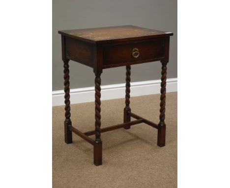 Early 20th century oak bedside/lamp table, single drawer, barley twist supports, W51cm, H69cm, D40cm   Condition Report   Cli