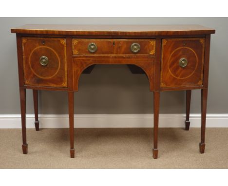 George III mahogany bow front sideboard, centre drawer, two cupboards, tapering supports with spade feet, W138cm, H90cm, D65c