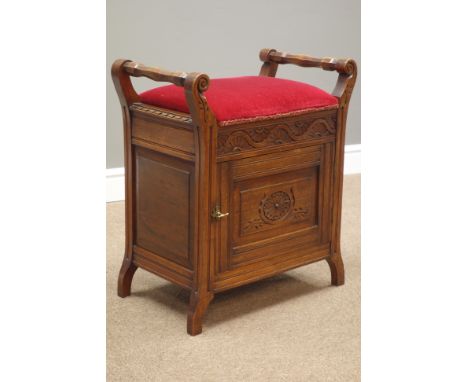 Late Victorian piano stool with cupboard, carved lunettes, W55cm, H62cm, D33cm   Condition Report   Click here for further im