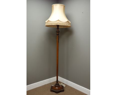 Late 20th century walnut standard lamp, tapering hexagonal column on moulded base, carved detail, H154cm (excluding fitting) 