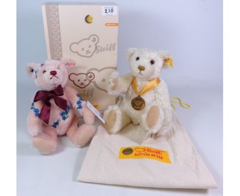 Steiff pink Teddy Bear, embroidered with flowers, in original box and another Steiff Millennium Teddy bear, with cloth bag (2