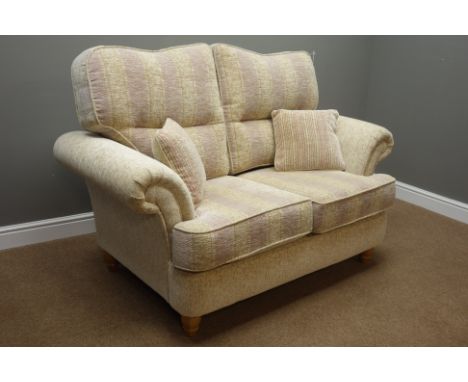 Two seat sofa upholstered in beige natural fabric, W155cm - 1 year old Condition Report Click here for further images, condit
