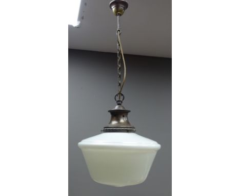 Victorian style hanging light with opaque glass shade, brass chain and mounts, D38cm    Condition Report   Click here for fur