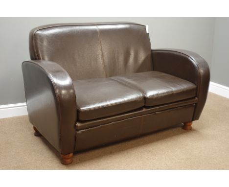 Two seat sofa upholstered in brown faux leather, W134cm