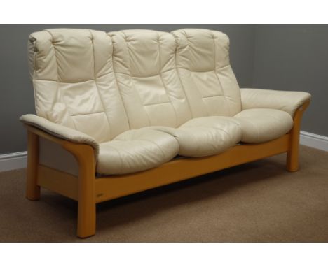 'Ekornes Stressless Buckingham' beech framed three seat reclining sofa upholstered in cream leather, W203cm   Condition Repor