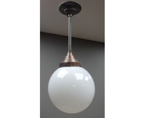 Art Deco style centre light fitting with opaque globular glass shade and copper finish stepped fitting, H57cm    Condition Re