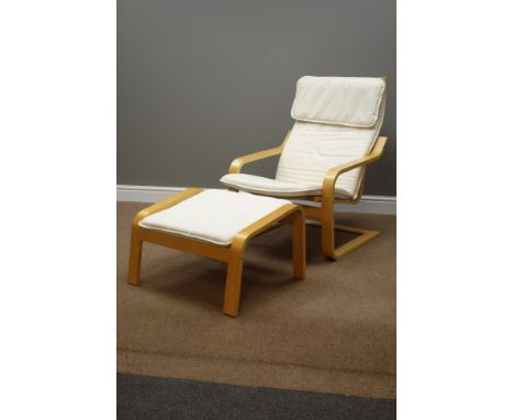 Ikea Poang chair and stool with neutral upholstered loose cushions