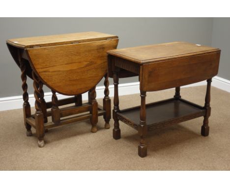 Small oak barley twist drop leaf table on gate leg base (77cm x 37cm, H73cm (closed)), and a drop leaf table   Condition Repo