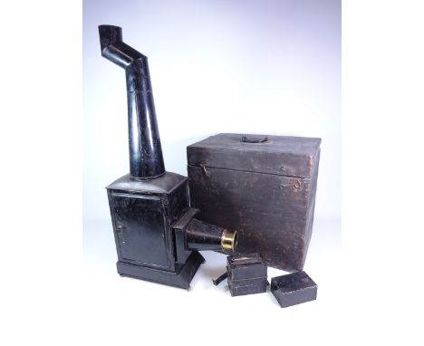 Victorian magic lantern projector with ten magic lantern slides including Queen Victorian, W. E. Gladstone, Ireland, Durham C