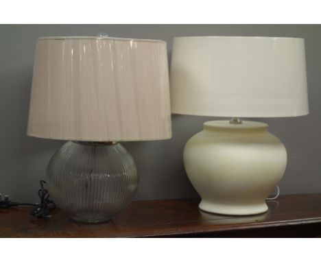 Large contemporary table lamp with reeded globular glass body and a pottery table lamp of similar shape, H60cm (2)   Conditio