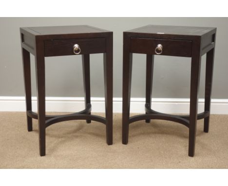 Pair dark oak bedside lamp tables, single drawer, curved x-shaped stretcher, W45cm, H70cm, D45cm Condition Report Click here 