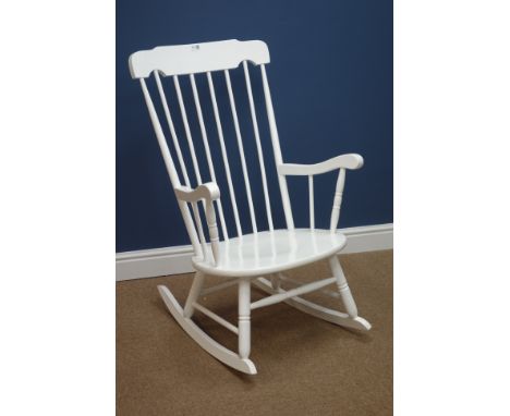 White painted wooden stick back rocking armchair    Condition Report   Click here for further images, condition, auction time