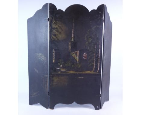 Victorian lacquered papier mache fire screen with hand painted and mother of pearl decoration, depicting a church by a lake, 