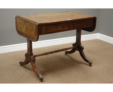 Regency rosewood sofa table, drop leaf top banded in rosewood, two drawers, scrolled legs with claw casters, W90cm, H71cm, D5