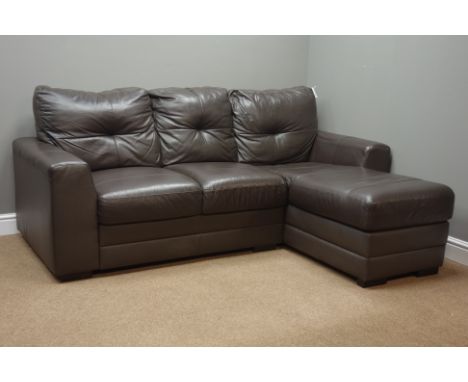 Three seat corner sofa upholstered in brown leather (200cm x 154cm), and matching two seat sofa (W145cm) Condition Report Cli