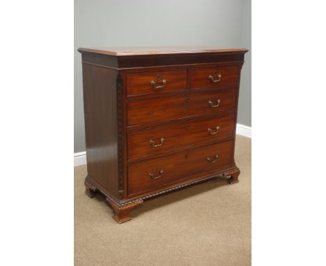 George III mahogany chest, rectangular moulded top above two short and three long drawers, canted corners with applied strap 