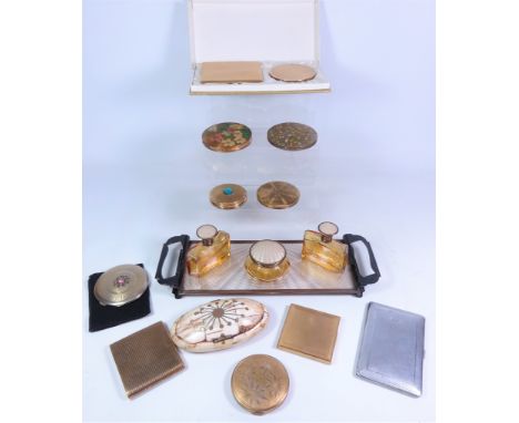 1920's enamel dressing table set on tray, Stratton powder cases, vintage two piece powder set, other similar powder cases, si