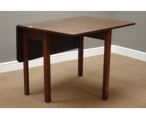 Georgian mahogany drop leaf dining table, square chamfered supports, gate leg action base, drawer to each end, 97cm x 106cm