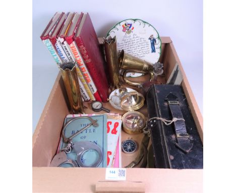 Trench art, brass compass, four 'War in Pictures' books and other war memorabilia in one box   Condition Report   Click here 