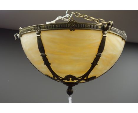 Art Deco Edward Miller gilt metal and slag glass centre light fitting, with raised reeded and scroll decoration, the fitting 