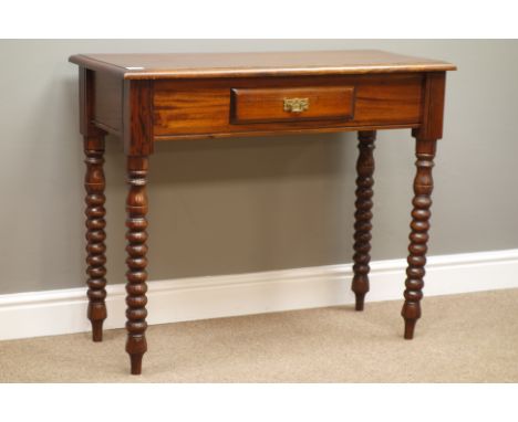 Reproduction mahogany console table, single drawer, bobbin turned supports, W92cm, H76cm, D40cm