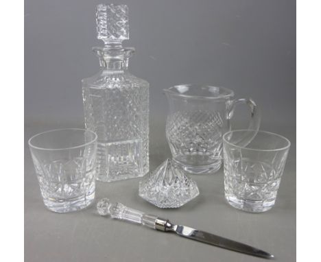 Waterford crystal - decanter of square form, 'Colleen' pattern water jug,  two 'Marquis' pattern tumblers, paperweight and le